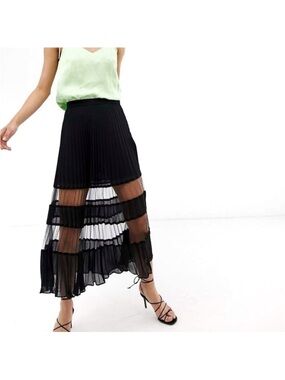 & Other Stories Black Sheer Tiered Pleated Maxi Skirt